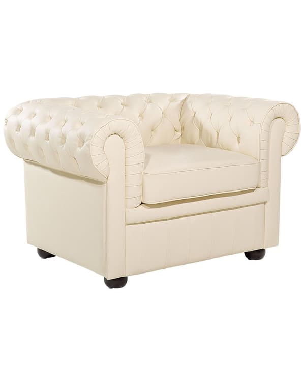 Fåtölj Chesterfield Krämvit Läder Tuftad Mörka Träben Modern Traditionell Vardagsrum