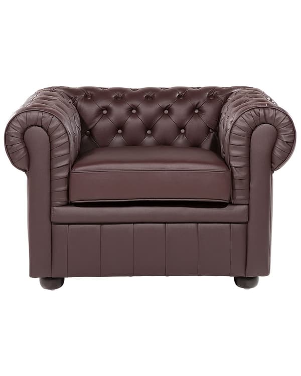Fåtölj Chesterfield Brun Läder Tuftad Mörka Träben Modern Traditionell Vardagsrum