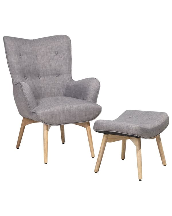 Fåtölj med Fotpall Ljusgrå Tyg Dekorativa Knappar Modern Stil