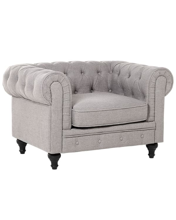 Fåtölj Chesterfield Ljusgrå Tyg Tuftad Mörka Träben Modern