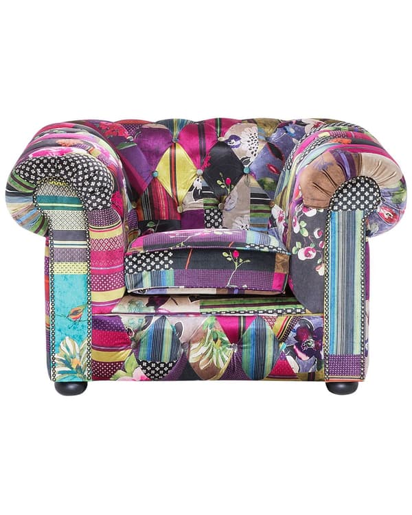 Nojatuoli violetti 108 x 71 x 95 cm kangasverhoilu tilkkutäkkikuvio chesterfield
