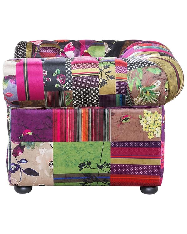 Nojatuoli violetti 108 x 71 x 95 cm kangasverhoilu tilkkutäkkikuvio chesterfield
