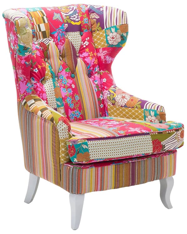Nojatuoli fuksianpunainen monivärinen kangasverhoilu tilkkukuosi nappikoristeltu tikattu wingback retro