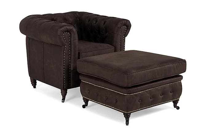 CHESTERFIELD DELUXE Fåtölj+Fotpall Vintage Mörkbrun