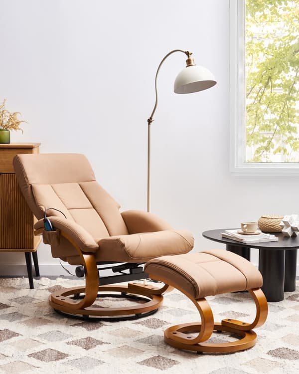 Kontorsstol Beige med Fotpall Konstläder Klädd Massage- och Värmefunktion Träram Justerbar Retro Design