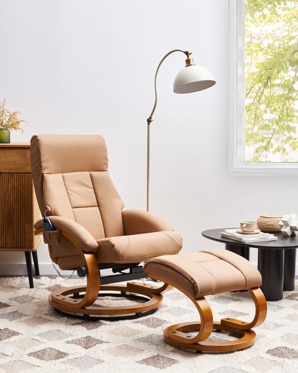 Kontorsstol Beige med Fotpall Konstläder Klädd Massage- och Värmefunktion Träram Justerbar Retro Design
