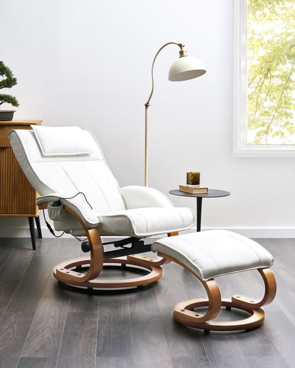 Kontorsstol Vit med Fotpall Konstläder Massage- och Värmefunktion Justerbar Träram Retro Design