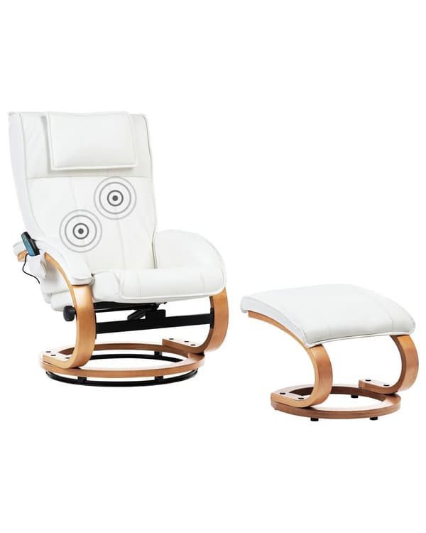 Kontorsstol Vit med Fotpall Konstläder Massage- och Värmefunktion Justerbar Träram Retro Design