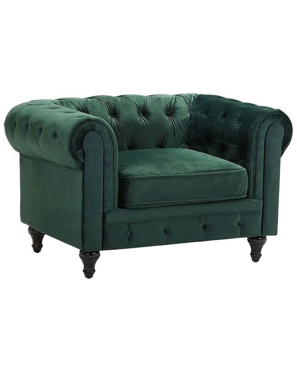 Fåtölj Chesterfield Grön Sammet Tuftad Mörka Träben Modern