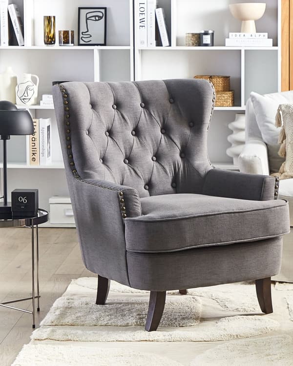 Fåtölj Mörkgrå Knappar Tuftad Svarta Ben Dekorativ Chesterfield Stil Vardagsrum