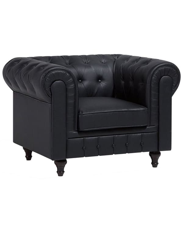 Fåtölj Stor Chesterfield Svart Konstläder Tuftad Mörka Träben Modern