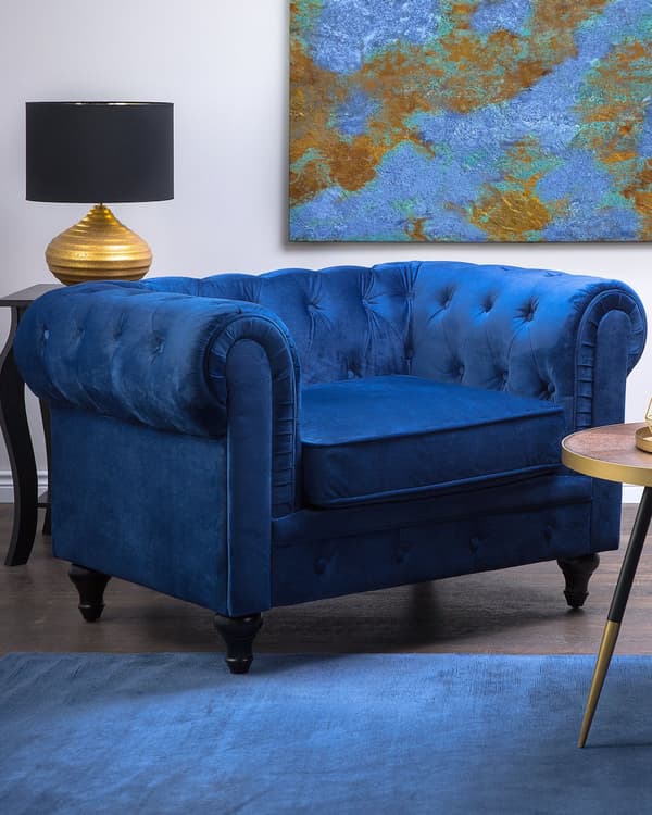 Fåtölj Chesterfield Koboltblå Sammet Tuftad Mörka Träben Modern