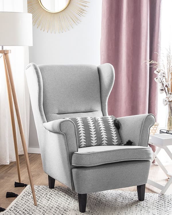 Nojatuoli harmaa kangas verhoiltu kumipuu wingback retro perinteinen tyyli