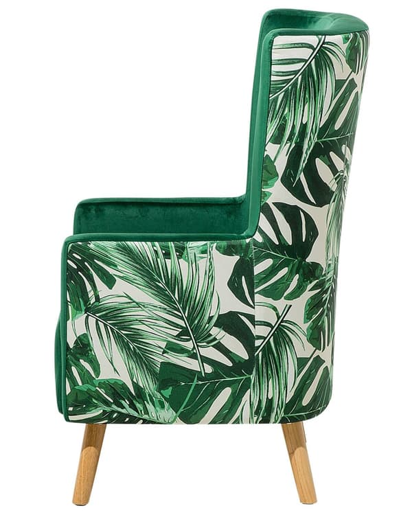 Nojatuoli tummanvihreä 74 x 108 x 60 cm sametti kumipuu lehtikuvio korkea selkänoja retro