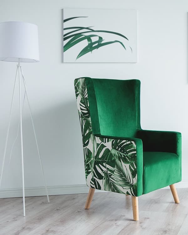 Nojatuoli tummanvihreä 74 x 108 x 60 cm sametti kumipuu lehtikuvio korkea selkänoja retro