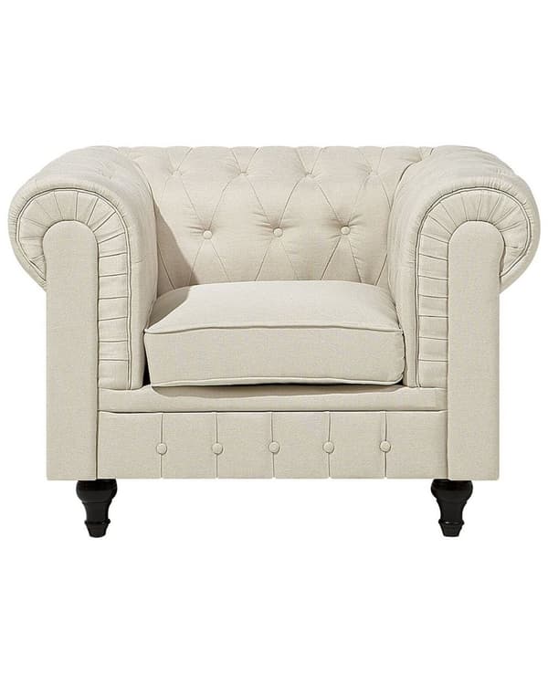 Chesterfield Lænestol Beige Polyester med Sorte Træben 112 x 85 x 79 Bred Tyk Polstret Armstol Knap Tuftet Venetiansk Barok stil Stue Dekor