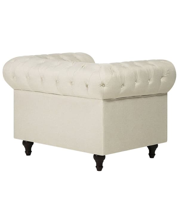 Chesterfield Lænestol Beige Polyester med Sorte Træben 112 x 85 x 79 Bred Tyk Polstret Armstol Knap Tuftet Venetiansk Barok stil Stue Dekor