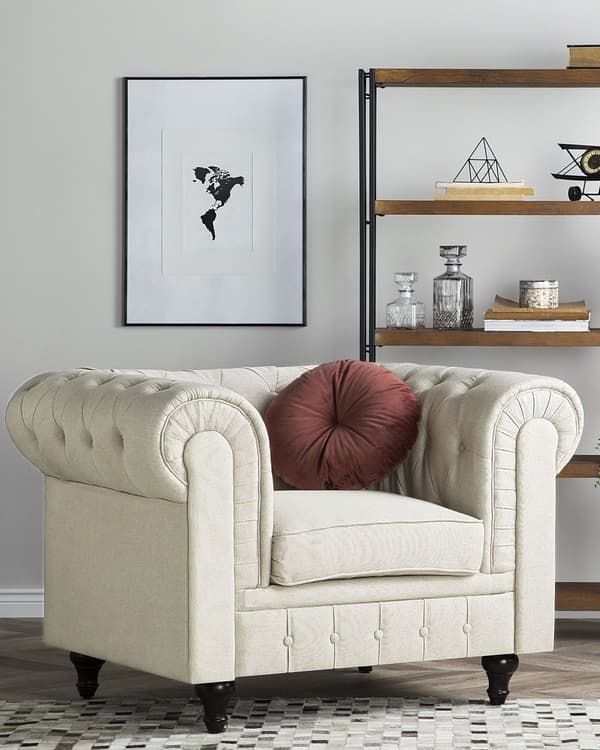 Chesterfield Lænestol Beige Polyester med Sorte Træben 112 x 85 x 79 Bred Tyk Polstret Armstol Knap Tuftet Venetiansk Barok stil Stue Dekor