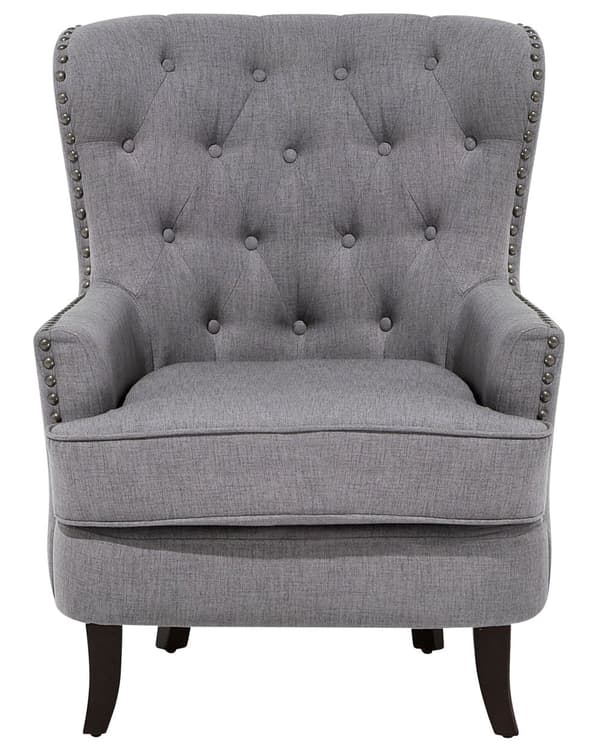 Lænestol Lysegrå Knap Tuftet Ryg Sorte Ben Elegant Chesterfield Stil Stue