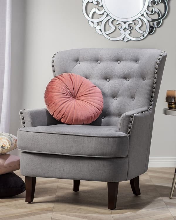 Lænestol Lysegrå Knap Tuftet Ryg Sorte Ben Elegant Chesterfield Stil Stue