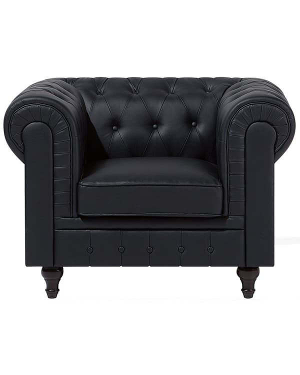 Chesterfield Læderlænestol Sort med Sorte Træben 112 x 85 x 79 Bred Tyk Polstret Armstol Knap Tuftet Kunstlæder Venetiansk Barok stil Stue