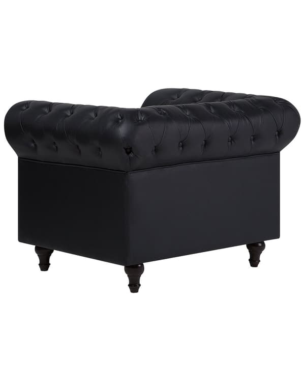 Chesterfield Læderlænestol Sort med Sorte Træben 112 x 85 x 79 Bred Tyk Polstret Armstol Knap Tuftet Kunstlæder Venetiansk Barok stil Stue