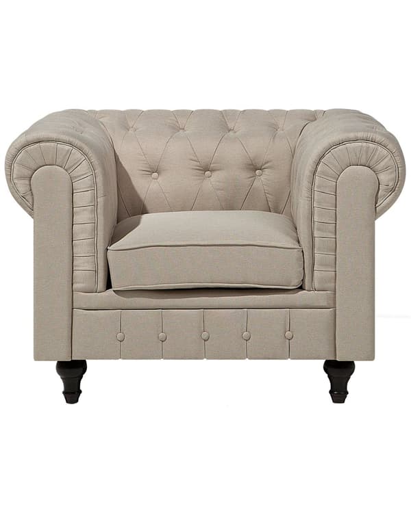 Chesterfield Lænestol Beige Polyester med Sorte Træben 112 x 85 x 79 Bred Tyk Polstret Armstol Knap Tuftet Venetiansk Barok stil Stue Dekor