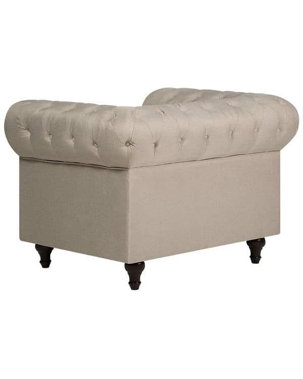 Chesterfield Lænestol Beige Polyester med Sorte Træben 112 x 85 x 79 Bred Tyk Polstret Armstol Knap Tuftet Venetiansk Barok stil Stue Dekor