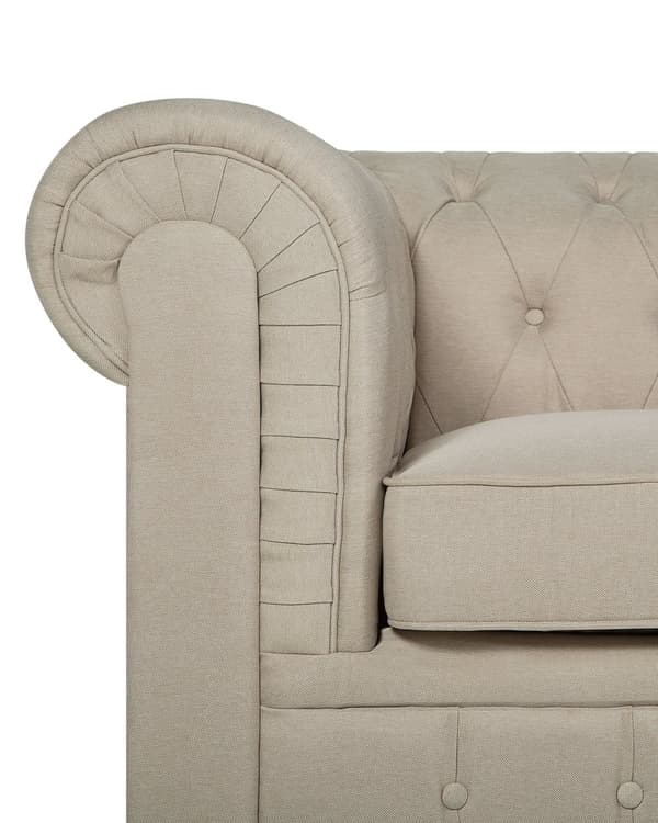 Chesterfield Lænestol Beige Polyester med Sorte Træben 112 x 85 x 79 Bred Tyk Polstret Armstol Knap Tuftet Venetiansk Barok stil Stue Dekor