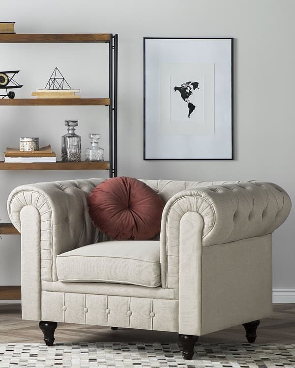 Chesterfield Lænestol Beige Polyester med Sorte Træben 112 x 85 x 79 Bred Tyk Polstret Armstol Knap Tuftet Venetiansk Barok stil Stue Dekor