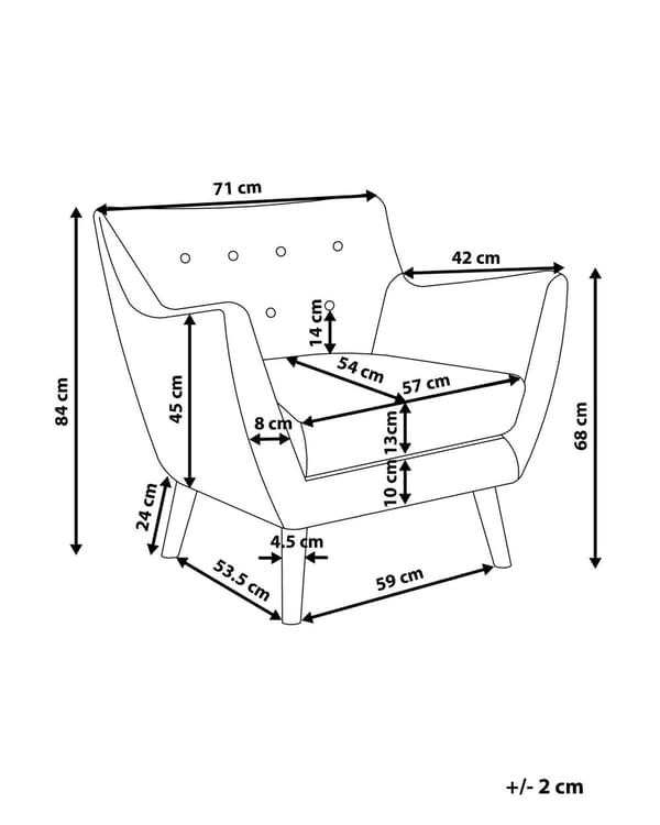 Lænestol Lyserød Polstret med Lyst Træben 84 x 71 x 53.5 Knap Ryg Moderne Stil Stol med Armlæn Design til Stue Indretning Soveværelse Tilbehør