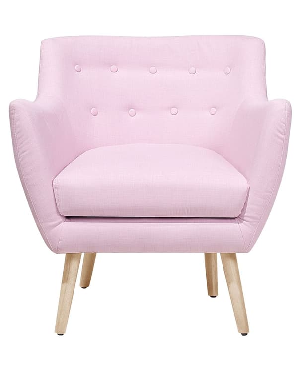 Lænestol Lyserød Polstret med Lyst Træben 84 x 71 x 53.5 Knap Ryg Moderne Stil Stol med Armlæn Design til Stue Indretning Soveværelse Tilbehør