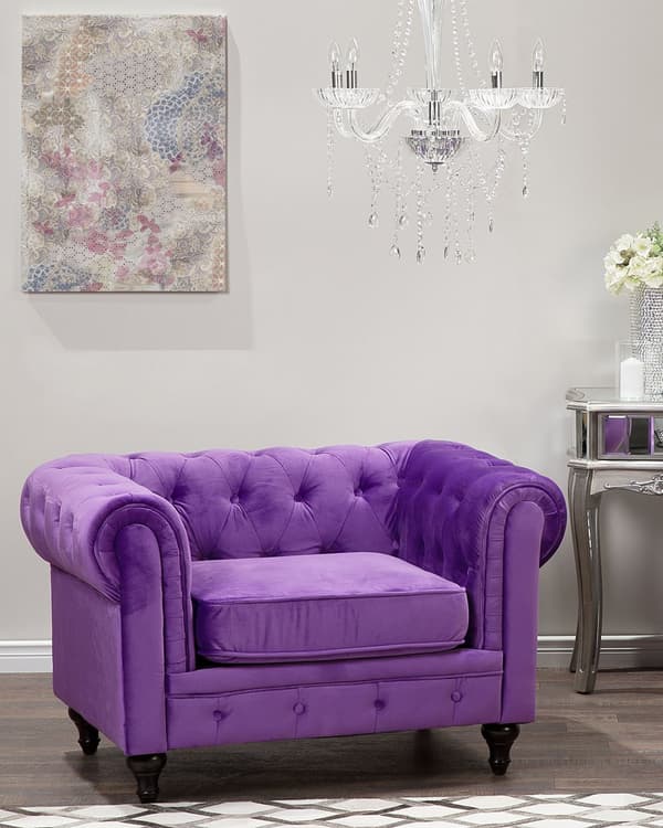 Chesterfield Lænestol Lilla Velour Skum og Sorte Træben 108 x 80 x 70 Bred Tyk Polstret Armstol Knap Tuftet Venetiansk Barok stil Stue Dekor