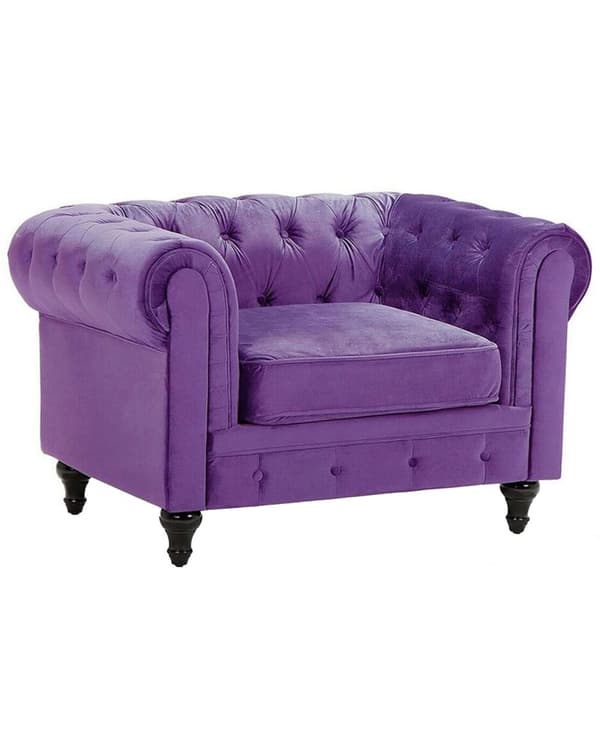 Chesterfield Lænestol Lilla Velour Skum og Sorte Træben 108 x 80 x 70 Bred Tyk Polstret Armstol Knap Tuftet Venetiansk Barok stil Stue Dekor