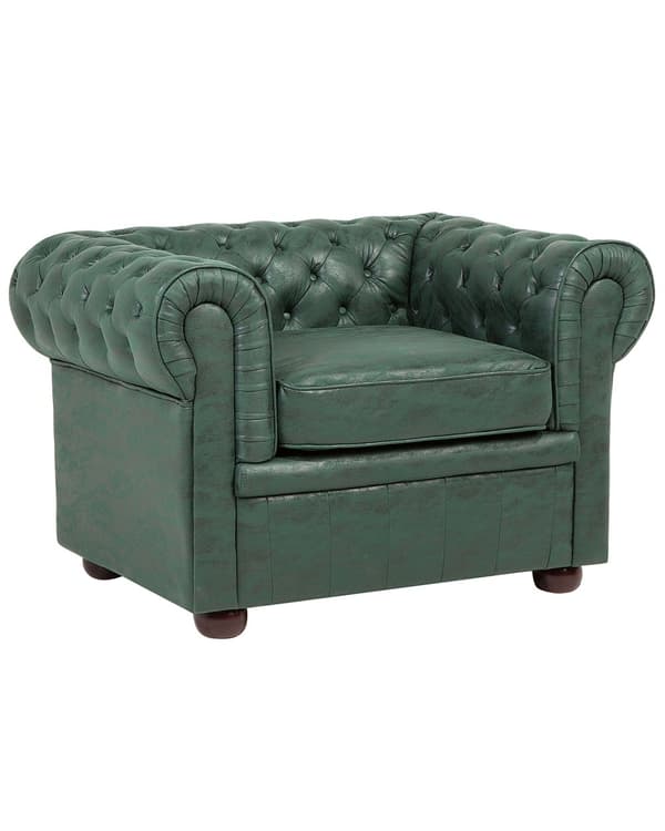 Chesterfield Læderlænestol Grøn med Sorte Træben 108 x 80 x 70 Bred Tyk Polstret Armstol Knap Tuftet Kunstlæder Venetiansk Barok stil Stue