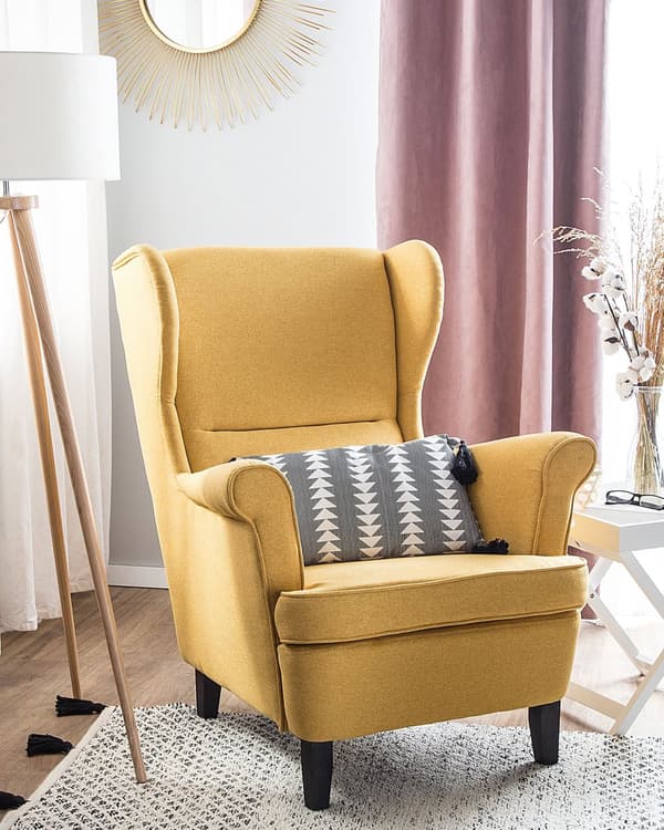 Øreklapstol Gul Polyester og Nylon Stof med Brun Gummitræ ben 102 x 63 x 74 cm Polstret blød Valsede Arme Retro Stil Top Kvalitet Komfort