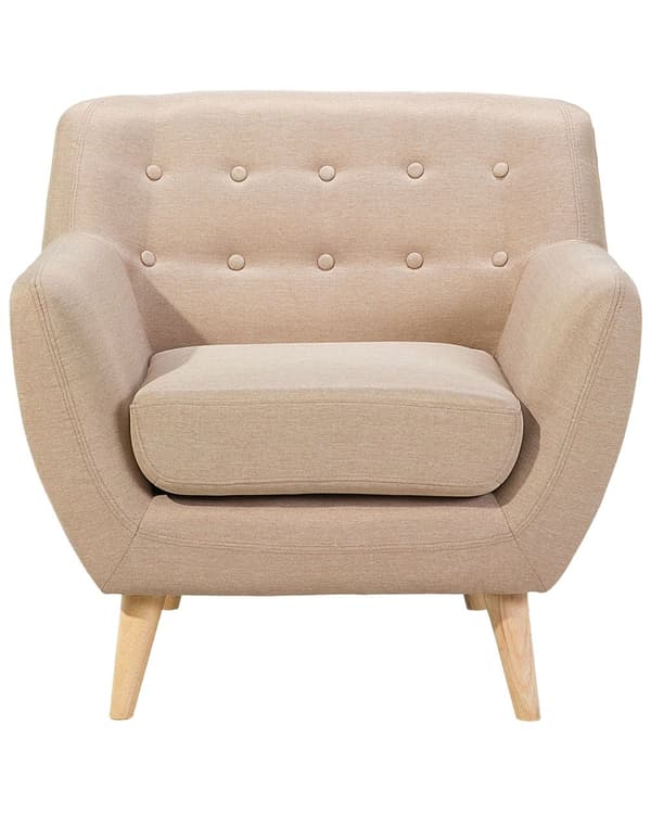 Lænestol Beige Polyester Lyst Træben Hvilestol Tyk Polstret Sæde Tuftet Ryg Skandinavisk Minimalistisk Stue Klassisk Moderne Retro Design