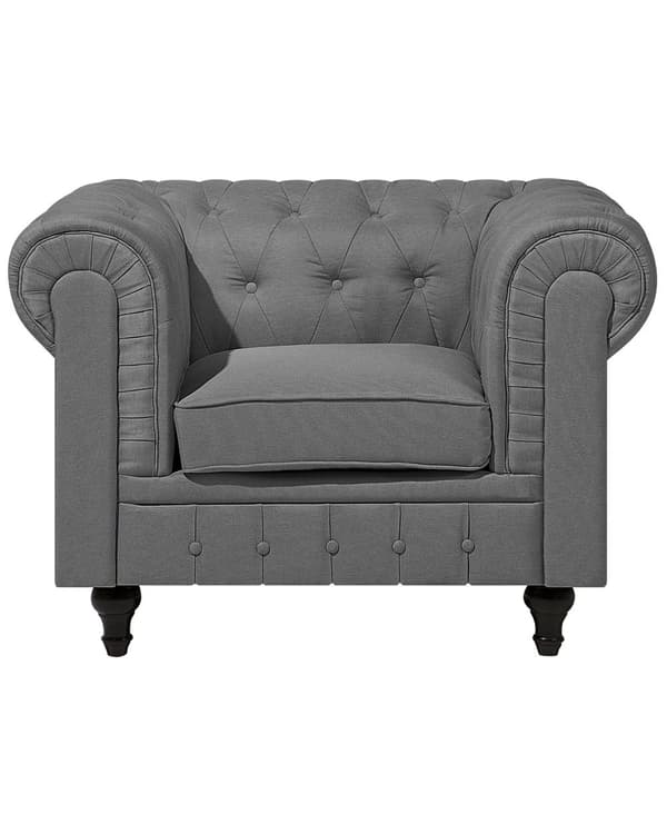 Chesterfield Lænestol Lysegrå Polyester med Sorte Træben 112 x 85 x 79 Bred Tyk Polstret Armstol Knap Tuftet Venetiansk Barok stil Stue Dekor