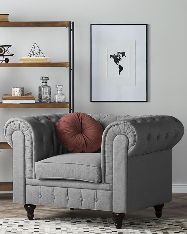 Chesterfield Lænestol Lysegrå Polyester med Sorte Træben 112 x 85 x 79 Bred Tyk Polstret Armstol Knap Tuftet Venetiansk Barok stil Stue Dekor