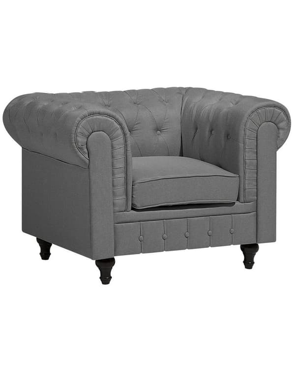 Chesterfield Lænestol Lysegrå Polyester med Sorte Træben 112 x 85 x 79 Bred Tyk Polstret Armstol Knap Tuftet Venetiansk Barok stil Stue Dekor
