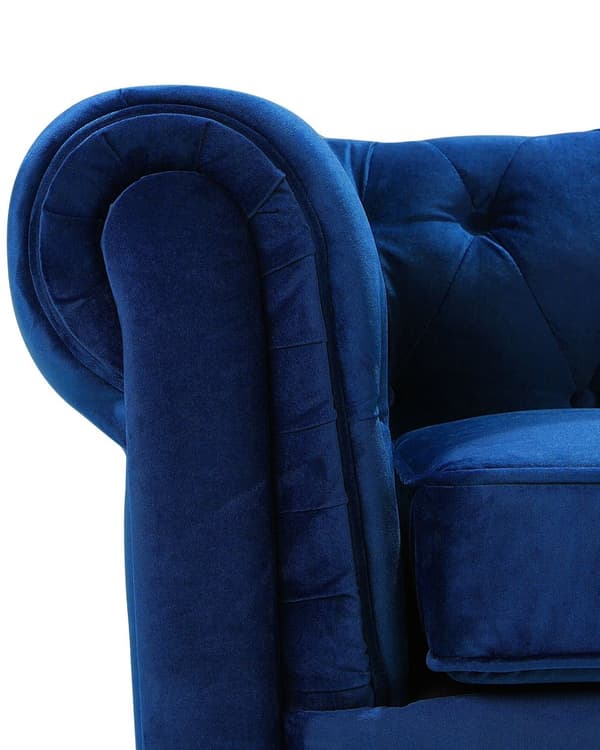 Chesterfield Lænestol Blå Velour med Skum og Sorte Træben 108 x 80 x 70 Bred Tyk Polstret Armstol Knap Tuftet Venetiansk Barok stil Stue Dekor