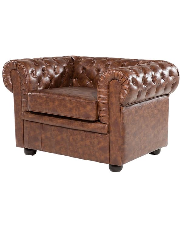 Chesterfield Læderlænestol Gyldenbrun Sorte Træben 108 x 80 x 70 Bred Tyk Polstret Armstol Knap Tuftet Kunstlæder Venetiansk Barok stil Stue