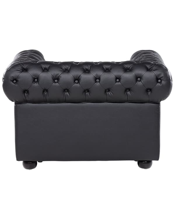 Chesterfield Læderlænestol Sort med Sorte Træben 108 x 80 x 70 Bred Tyk Polstret Armstol Knap Tuftet Ægte Læder Venetiansk Barok stil Stue