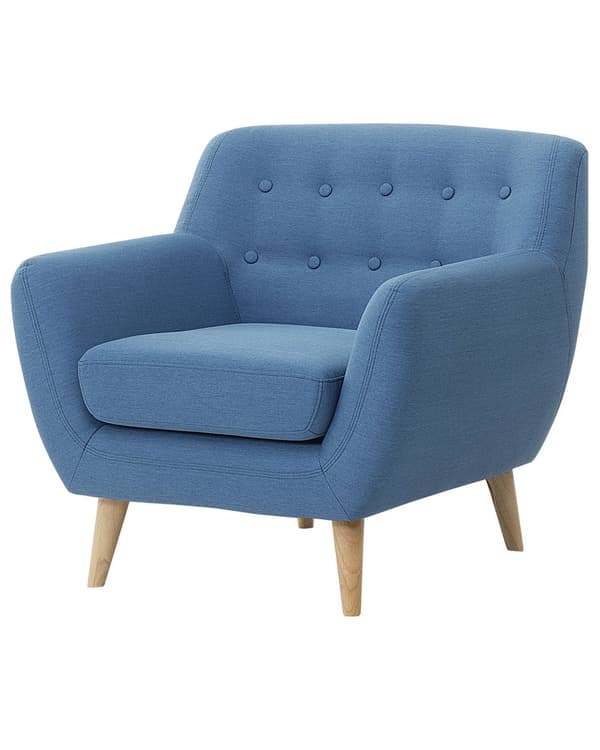 Lænestol Blå Polyester Lyst Træben Hvilestol Tyk Polstret Sæde Tuftet Ryg Skandinavisk Minimalistisk Stue Klassisk Moderne Retro Design