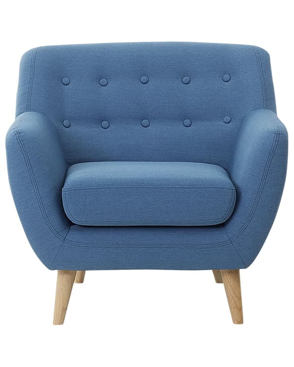 Lænestol Blå Polyester Lyst Træben Hvilestol Tyk Polstret Sæde Tuftet Ryg Skandinavisk Minimalistisk Stue Klassisk Moderne Retro Design