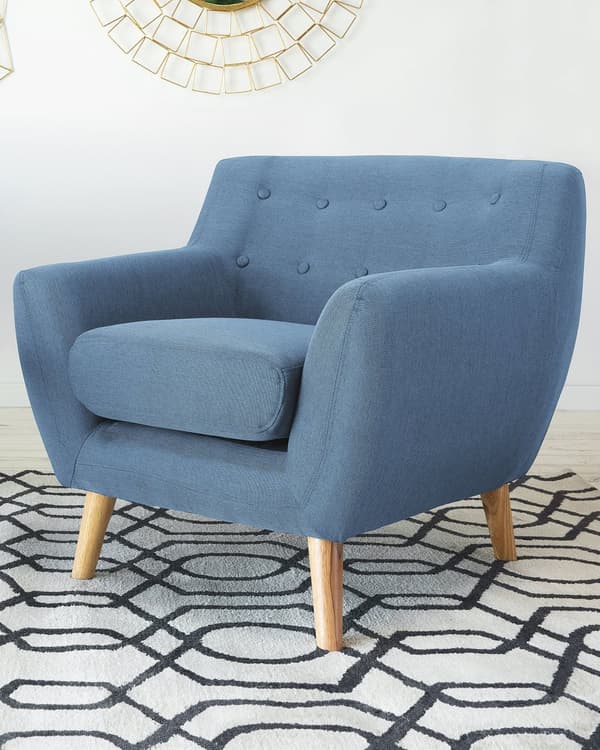 Lænestol Blå Polyester Lyst Træben Hvilestol Tyk Polstret Sæde Tuftet Ryg Skandinavisk Minimalistisk Stue Klassisk Moderne Retro Design