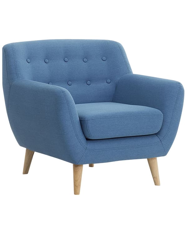 Lænestol Blå Polyester Lyst Træben Hvilestol Tyk Polstret Sæde Tuftet Ryg Skandinavisk Minimalistisk Stue Klassisk Moderne Retro Design