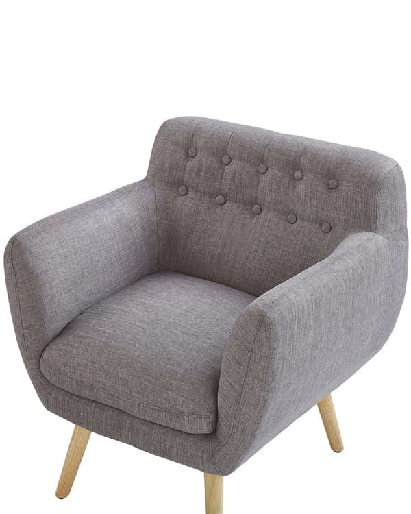 Lænestol Grå Stof Lyst Træben 68 x 59 x 77 cm Blød Klassisk Polstret Stol til Stue Tuftet Knappet Quiltet Ryglæn Retro Stil Inspiration
