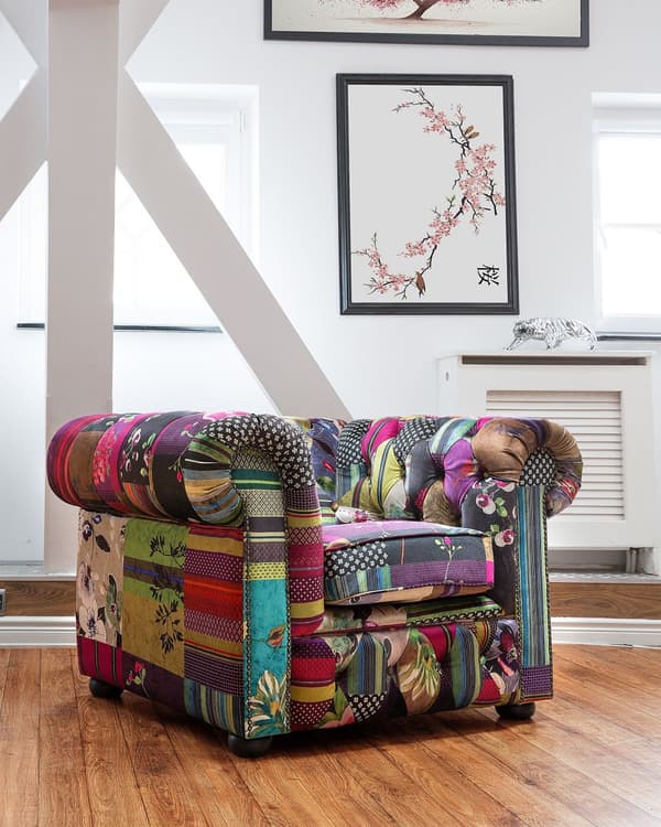 Chesterfield Lænestol Lilla Polyester med Sorte Træben 108 x 80 x 70 Bred Tyk Polstret Armstol Knap Tuftet Patchwork Moderne Barok stil Stue