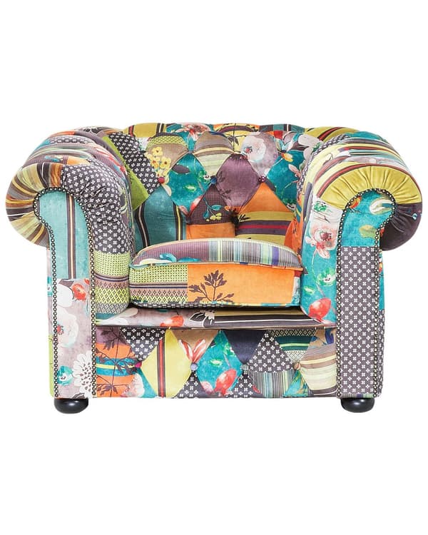 Chesterfield Lænestol Gul og Grøn 108 x 80 x 70 Bred Tyk Polstret Armstol Knap Tuftet Patchwork Moderne Barok stil Stue